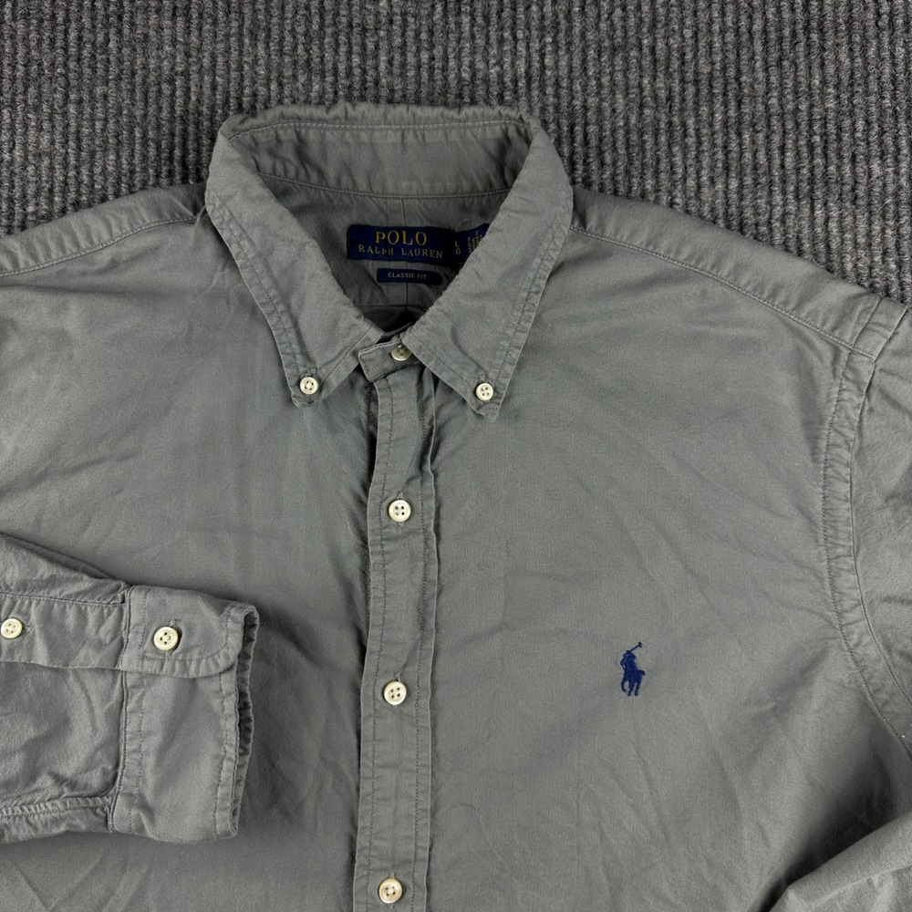 Polo Ralph Lauren Mens Gray Cotton Canvas Classic Fit Button Down Shirt Large